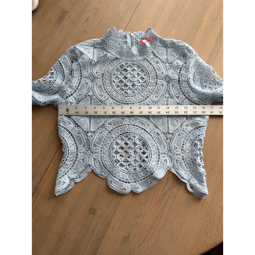 Banjul Light Blue Guipure Lace‎ High Neck Long Sleeve Scalloped Crop Top - Picture 3 of 5